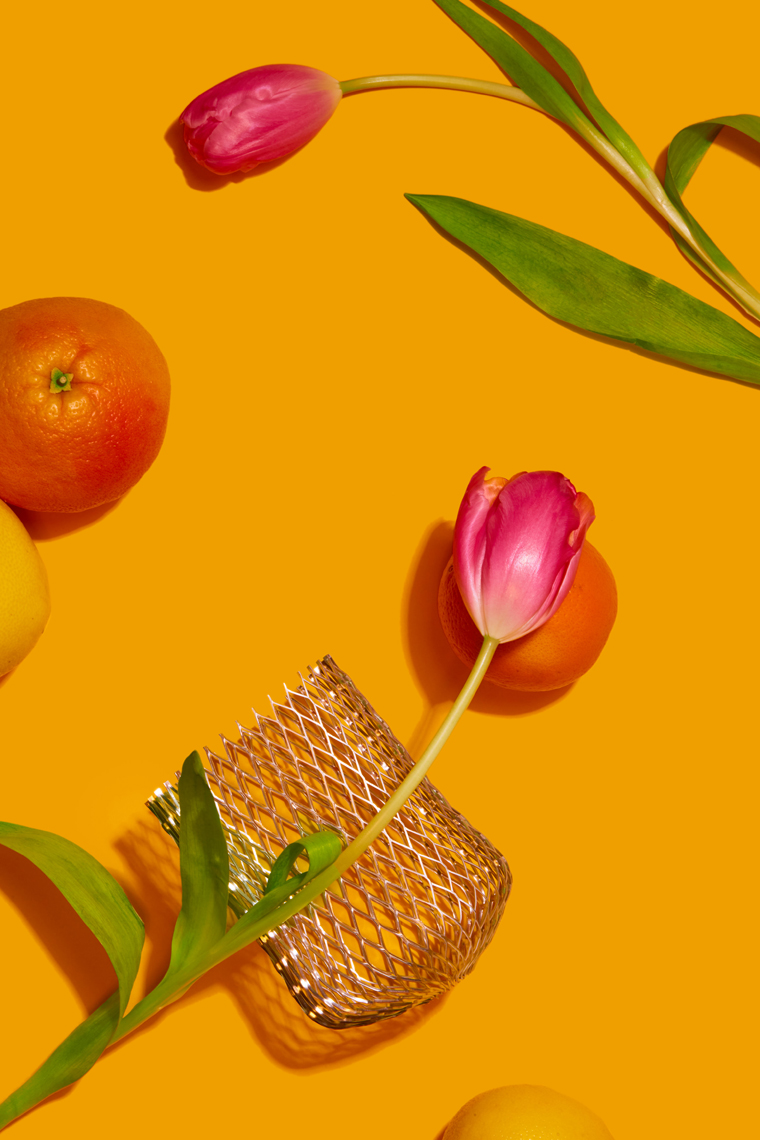 Tulips and citrus, tabletop photography